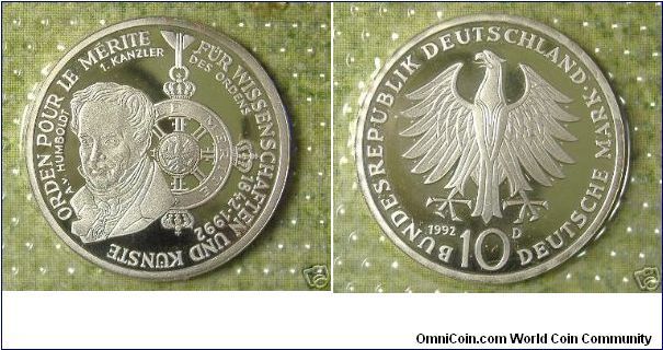 This is a 10 mark 150th Anniversary of Civil-Pour-Le-Merite Order silver proof coin from Germany, dated 1992--D. Size is 33mm.
