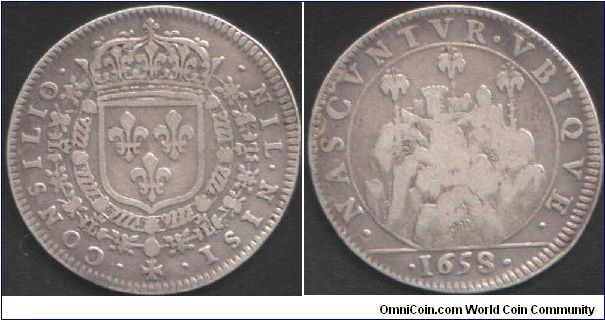 jeton issued for The Kings Counsel which alludes to the taking of the citadel of Montmedy in Lorraine, north east France in 1657. 
Louis XIV needed 30,000 troops and 57 days to do this against only 757 defenders.