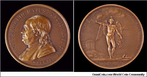 Benjamin Franklin obverse, allegorial reverse showing defeat of the monarchy. Cornucopia, BRONZE edge mark.