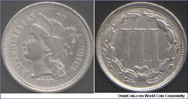 1867 3 cents, probably cleaned obverse.