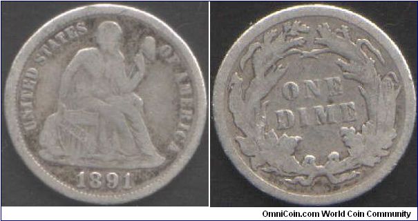 1891 Dime. I'm not sure how to grade this but it is either VG or fine (?).