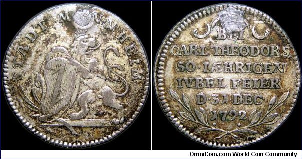 Commemorative token, Mannheim.

This may have also had a monetary value but I've yet to figure it out. This example has been holed and badly repaired.                                                                                                                                                                                                                                                                                                                                                            