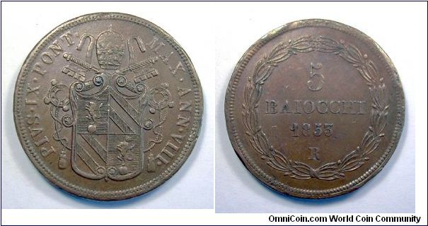 Papal States

Pius IX

5 Baiocchi II type

Copper