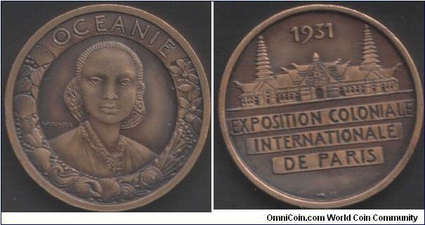 `Oceanie'. The last of the four regional medals produced for the 1931 Paris `Exposition Coloniale' to be added to my collection. The others being `Afrique', `Amerique', and `Asie'.