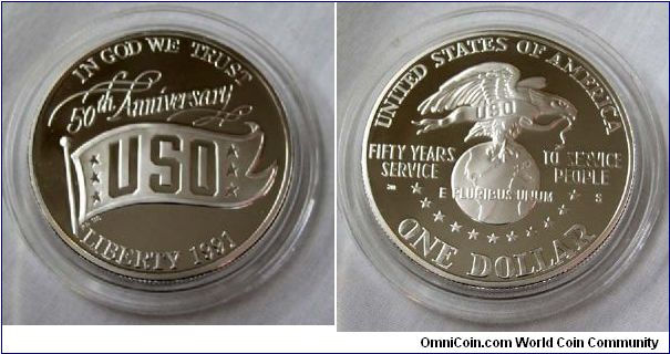 USO 50th Anniversary Silver Commemorative Dollar