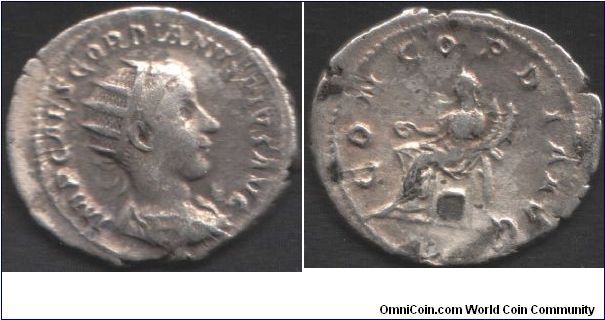 Silver antoninianus of Gordian III (238-244 AD). This one has Concordia seated (reverse).