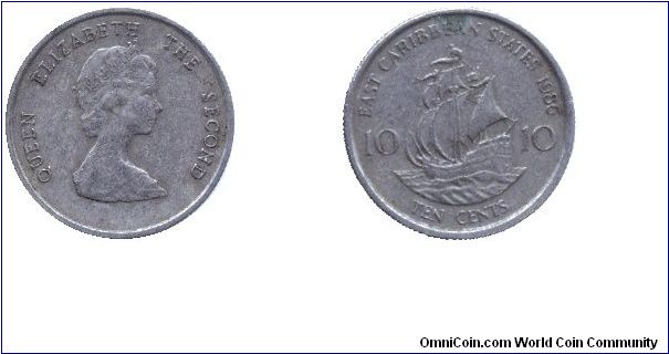 East Caribbean States, 10 cents, 1986, Cu-Ni, Ship, Queen Elizabeth II.                                                                                                                                                                                                                                                                                                                                                                                                                                             