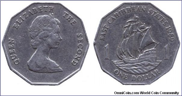 East Caribbean States, 1 dollar, 1989, Cu-Ni, Ship, Queen Elizabeth II, 10-sided polygon.                                                                                                                                                                                                                                                                                                                                                                                                                           