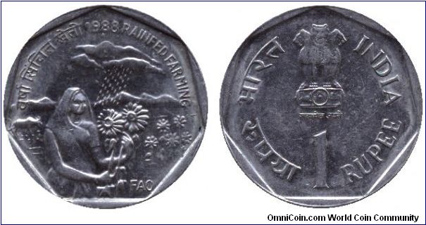 India, 1 rupee, 1988, Rainfed Farming, FAO.                                                                                                                                                                                                                                                                                                                                                                                                                                                                         