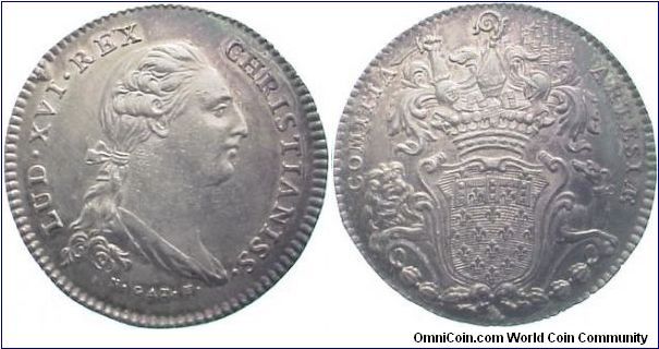 Silver jeton for the Estates D'Artois. No date but struck sometime between 1785 and 1790. Louis XVI bust by Gatteaux.