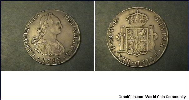 CAROLUS III DEI GRATIA
HISPAN ET IND REX 1793PTS PR 8 Reales Potosi.
0.8960 silver