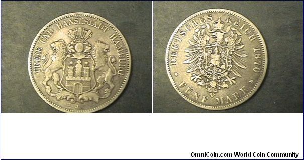 German empire, Hamburg 5 marks J
0.900 silver