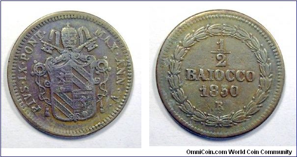 Papal States

Pius IX

1/2 baiocco

Copper (Toned)