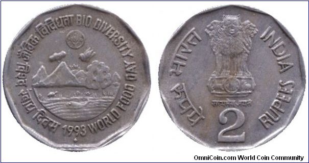 India, 2 rupees, 1993, Cu-Ni, World Food Day, Bio Diversity, FAO.                                                                                                                                                                                                                                                                                                                                                                                                                                                   