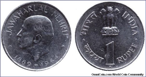 India, 1 rupee, 1964, Ni, Jawaharial Nehru, 1889-1964.                                                                                                                                                                                                                                                                                                                                                                                                                                                              