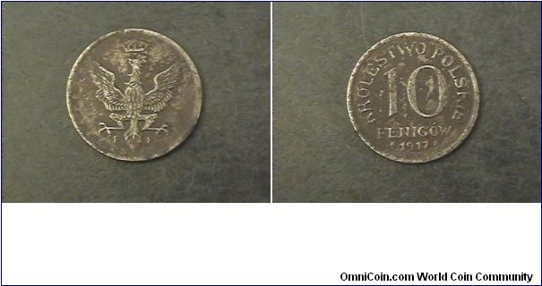 Krolestwo Polskie 10 Fenigow, F mint mark. 1917 is not listed in Krause