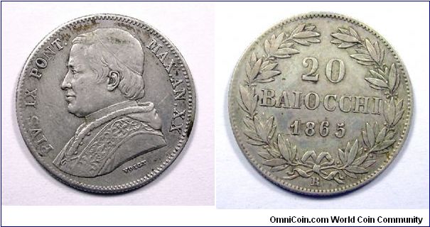 Papal States

Pius IX

20 Baiocchi

Silver