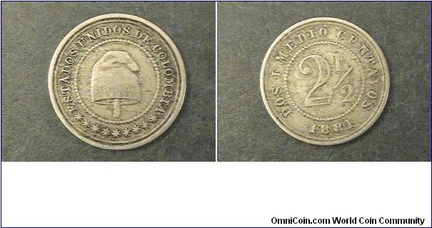 Estados Unidos De Colombia Dos Y Medio Centavos 2 1/2 centavos, large size coin 18 mm