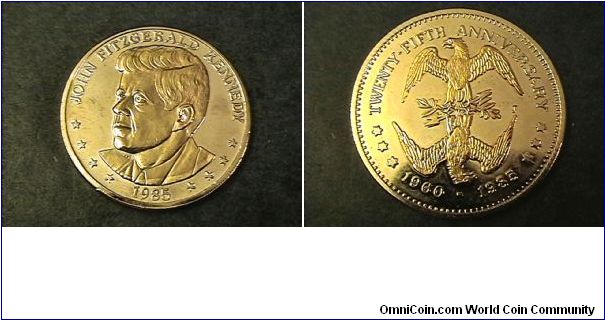 JohnFitzgerald Kennedy, Twenty Fifth Anniversary 1960-1985, Bi color medal Bust and eagles are gold coin is silver