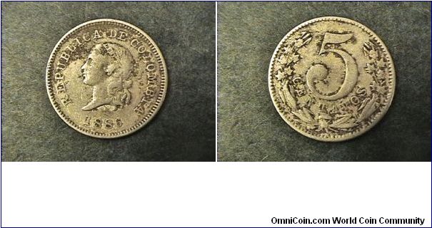 Republica De Colombia, 5 Centavos. Small top 5 version. Coin is dirty but ibfine condition