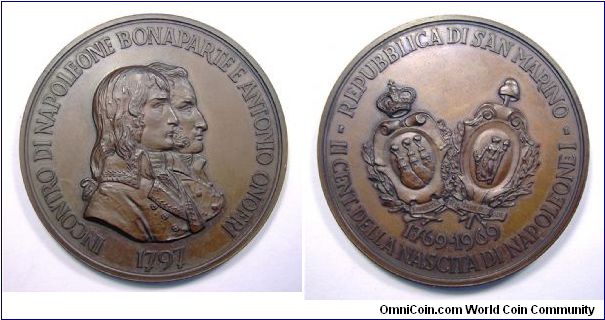 Official medal by Republic of San Marino for the 2nd centenary of Napoleon's birth. It remembers the meeting among Napoleon and A. Onofri. 3520 pieces minted.
Mm 60,1 - gr.88,7