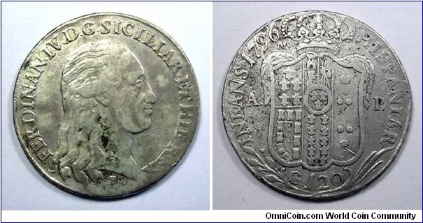 Kingdom of Naples

Ferdinand IV

120 Grana (Piastra)IX type

Silver
