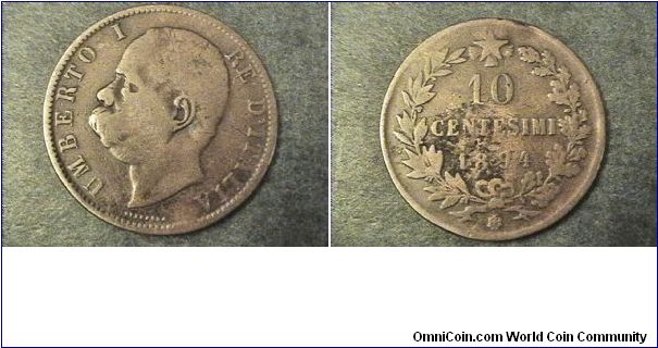 Umberto I Re D'Italia, 10 Centesimi BI mint masrk