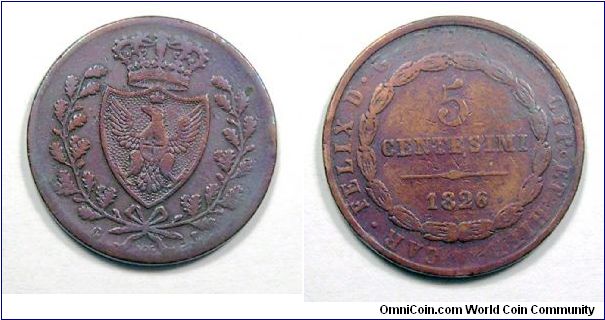 Kingdom of Sardinia
Carlo Felice

5 Centesimi

Copper