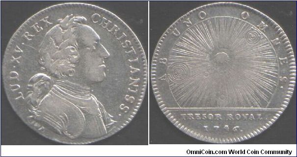 The French perspective of their place in the universe in 1746. Some things never change!
Silver jeton issued for the Tresor Royal.