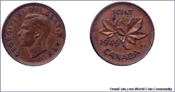 Canada, 1 cent, 1949, Bronze, George VI, Maple twig.                                                                                                                                                                                                                                                                                                                                                                                                                                                                