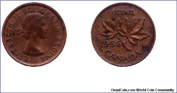 Canada, 1 cent, 1956, Bronze, Queen Elizabeth II, Maple twig.                                                                                                                                                                                                                                                                                                                                                                                                                                                       
