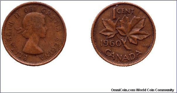 Canada, 1 cent, 1960, Bronze, Queen Elizabeth II, Maple twig.                                                                                                                                                                                                                                                                                                                                                                                                                                                       