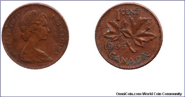 Canada, 1 cent, 1965, Bronze, Queen Elizabeth II, Maple twig.                                                                                                                                                                                                                                                                                                                                                                                                                                                       