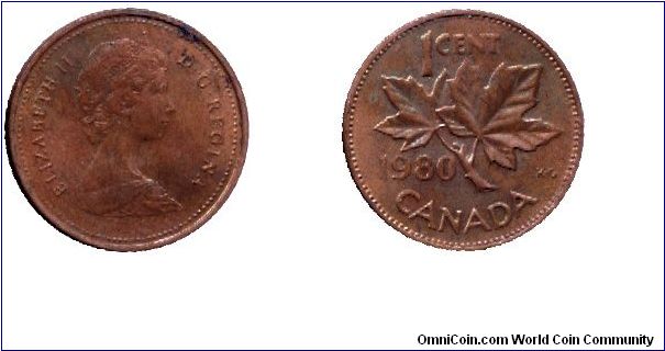 Canada, 1 cent, 1980, Bronze, Queen Elizabeth II, Maple twig.                                                                                                                                                                                                                                                                                                                                                                                                                                                       
