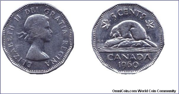 Canada, 5 cents, 1960, Ni, Queen Elizabeth II, Beaver.                                                                                                                                                                                                                                                                                                                                                                                                                                                              
