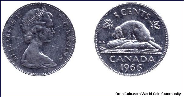 Canada, 5 cents, 1966, Ni, Queen Elizabeth II, Beaver.                                                                                                                                                                                                                                                                                                                                                                                                                                                              
