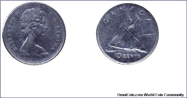 Canada, 10 cents, 1968, Ni, Queen Elizabeth II, Schooner                                                                                                                                                                                                                                                                                                                                                                                                                                                            