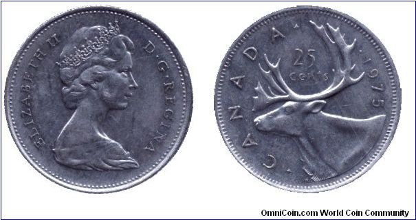 Canada, 25 cents, 1975, Ni, Queen Elizabeth II, Caribou.                                                                                                                                                                                                                                                                                                                                                                                                                                                            