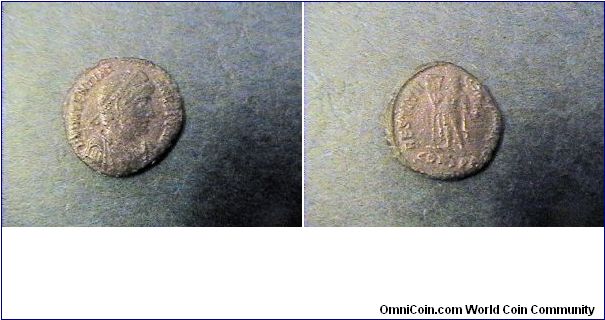 Valentinian I 364-375AD

Obv:DN VALENTINIANVS PF AVG
Rev:RESTITVTOR REIPVBLICAE

CONSPF mint
AE/16mm 2.2 grams
