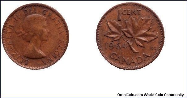 Canada, 1 cent, 1964, Bronze, Queen Elizabeth II, Maple twig.                                                                                                                                                                                                                                                                                                                                                                                                                                                       