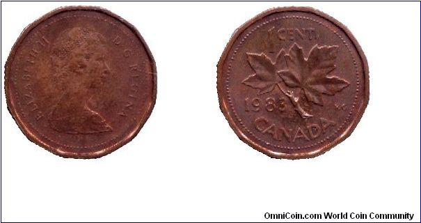 Canada, 1 cent, 1983, Bronze, Queen Elizabeth II, Maple twig, 12-sided.                                                                                                                                                                                                                                                                                                                                                                                                                                             