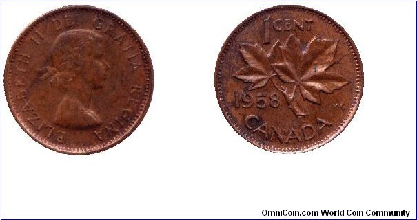 Canada, 1 cent, 1958, Bronze, Queen Elizabeth II, Maple twig.                                                                                                                                                                                                                                                                                                                                                                                                                                                       