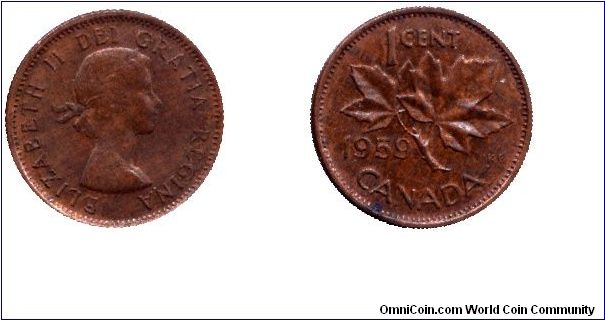 Canada, 1 cent, 1959, Bronze, Queen Elizabeth II, Maple twig.                                                                                                                                                                                                                                                                                                                                                                                                                                                       
