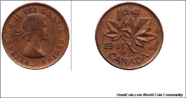 Canada, 1 cent, 1961, Bronze, Queen Elizabeth II, Maple twig.                                                                                                                                                                                                                                                                                                                                                                                                                                                       
