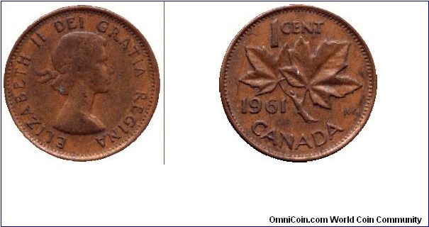 Canada, 1 cent, 1961, Bronze, Queen Elizabeth II, Maple twig.                                                                                                                                                                                                                                                                                                                                                                                                                                                       