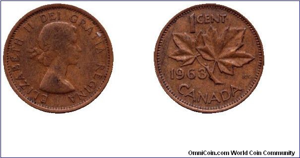 Canada, 1 cent, 1963, Bronze, Queen Elizabeth II, Maple twig.                                                                                                                                                                                                                                                                                                                                                                                                                                                       