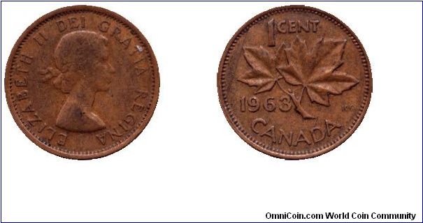 Canada, 1 cent, 1963, Bronze, Queen Elizabeth II, Maple twig.                                                                                                                                                                                                                                                                                                                                                                                                                                                       