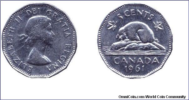 Canada, 5 cents, 1961, Ni, Queen Elizabeth II, Beaver.                                                                                                                                                                                                                                                                                                                                                                                                                                                              