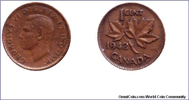 Canada, 1 cent, 1942, Bronze, King George VI, Maple twig.                                                                                                                                                                                                                                                                                                                                                                                                                                                           