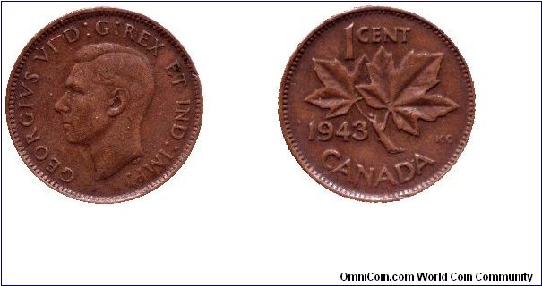 Canada, 1 cent, 1943, Bronze, King George VI, Maple twig.                                                                                                                                                                                                                                                                                                                                                                                                                                                           